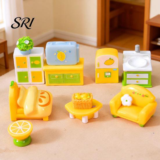 Miniature Figurine Dollhouse Furniture Mini Resin Bed Sofa Cabinet Table Accessories Lemon Collectible Figure Style Tiny Pretend Play Props for Fairy