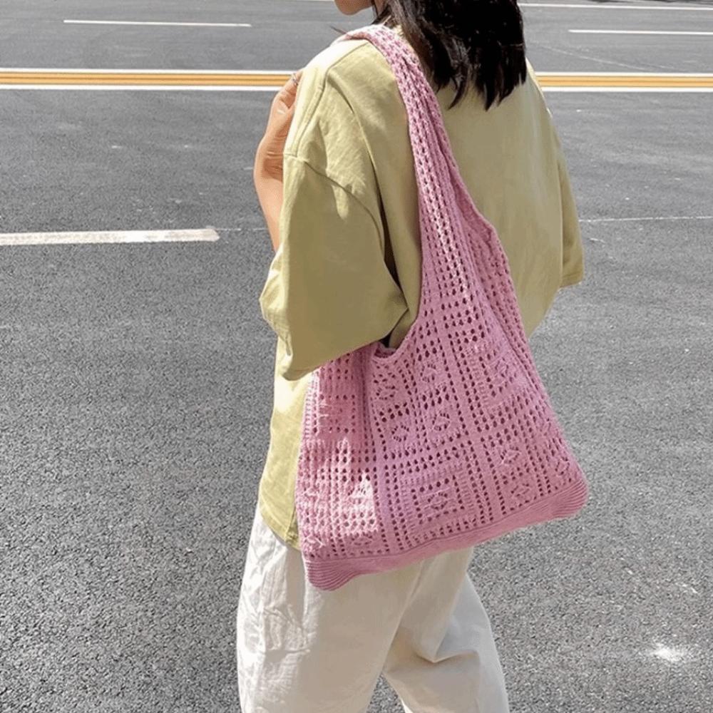 Hollow Knitting Shoulder Bag Woven Shopping Handbag Vintage Beach Tote Bag Outdoor/Travel