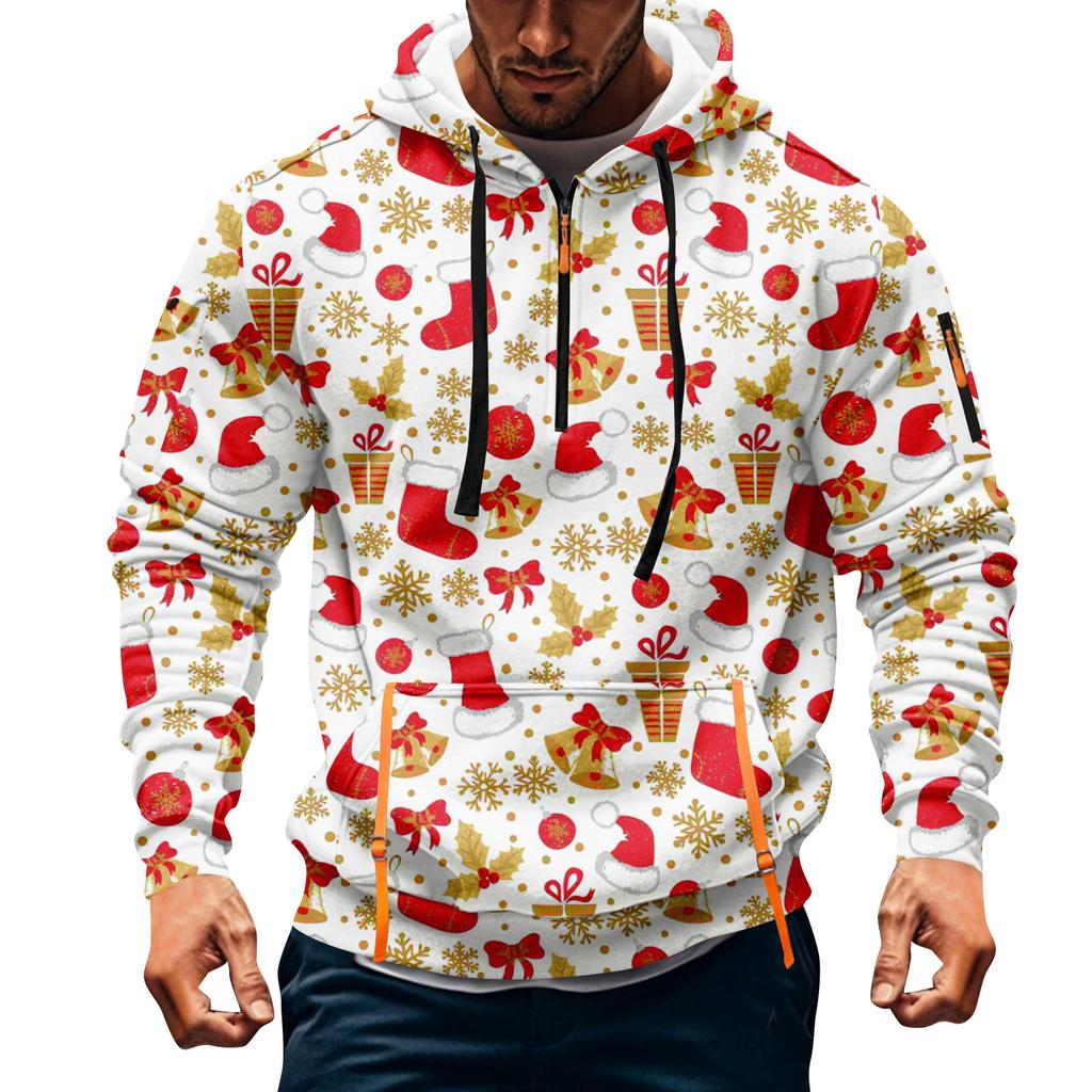 Мужская толстовка с капюшоном на молнии до середины, повседневная спортивная с рождественским принтом