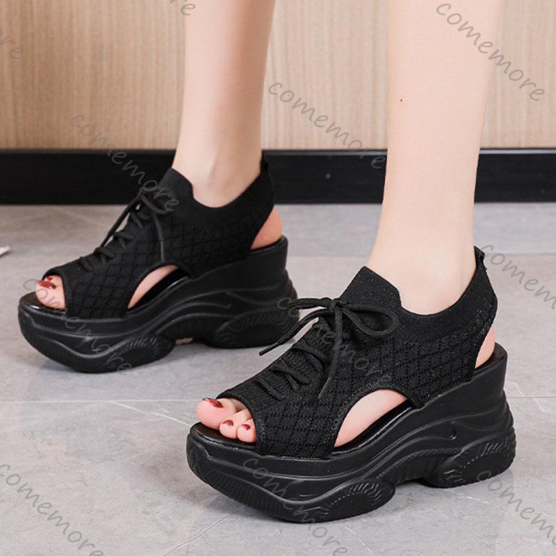 Fashion Comemore Thick Bottom Sandals Women Summer Mesh Fish Mouth High Heels Casual Sport Style Roman Sandal White Black Wedge Sandales