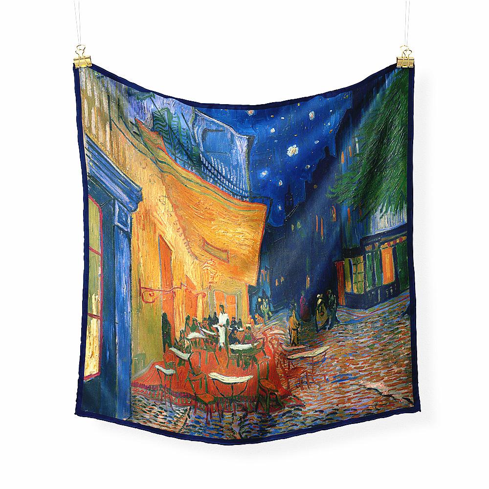 Famous Oil Painting Twill 100% Silk Scarf Fashion Bandana Women Scarf Wraps 53cm Square Scarves Hijab Head Scarf Neckerchief