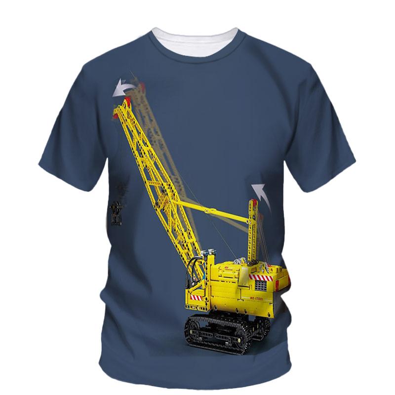 3D All Over Print Short Sleeve T-Shirt, Engineering Loader Lumber Scene Graphic Round Neck Casual Lightweight Top