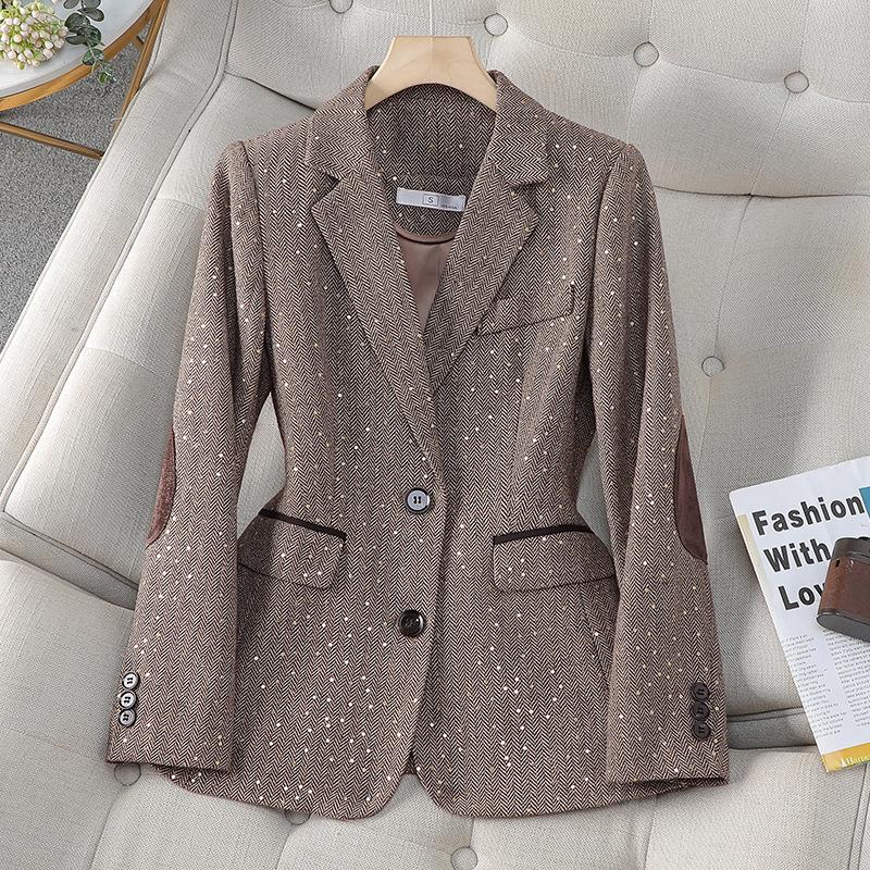 Sequined Spring and Autumn Jacket Women's Suit Women's Jacket Korean Version of Houndstooth Plaid Women's Small Suit Jacket