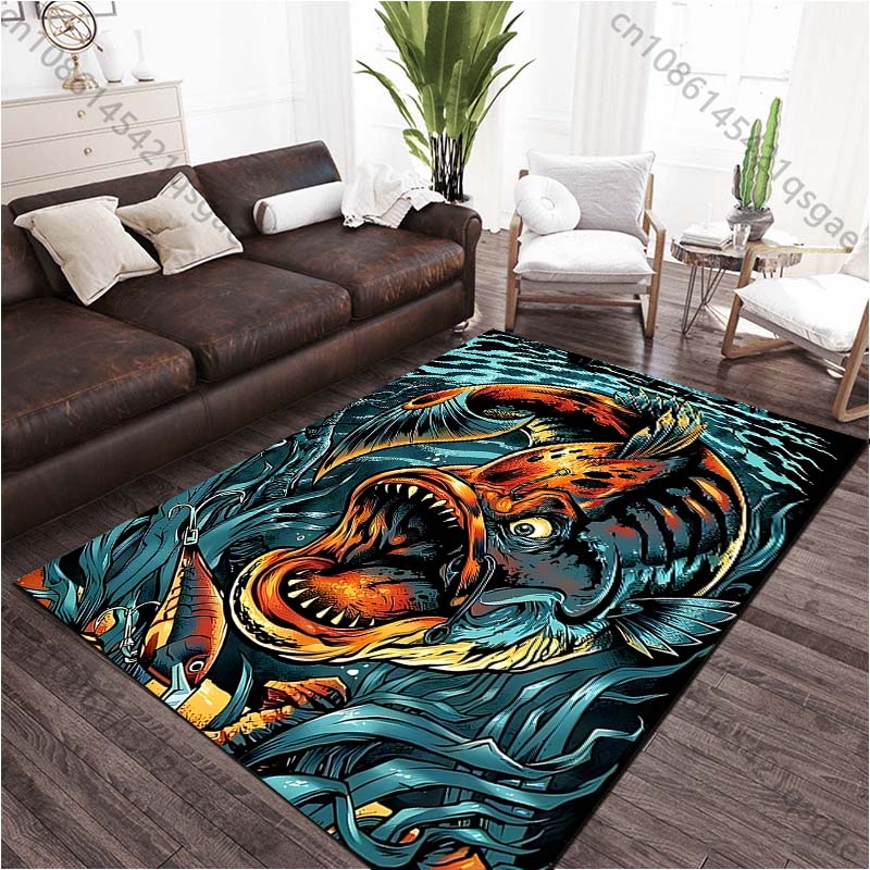 Scary Fishing Printed Carpet for Living Room Bedroom Bedside Bathroom Floor Mat Area Rugged Sofa Mat Home Decor Machine Wash