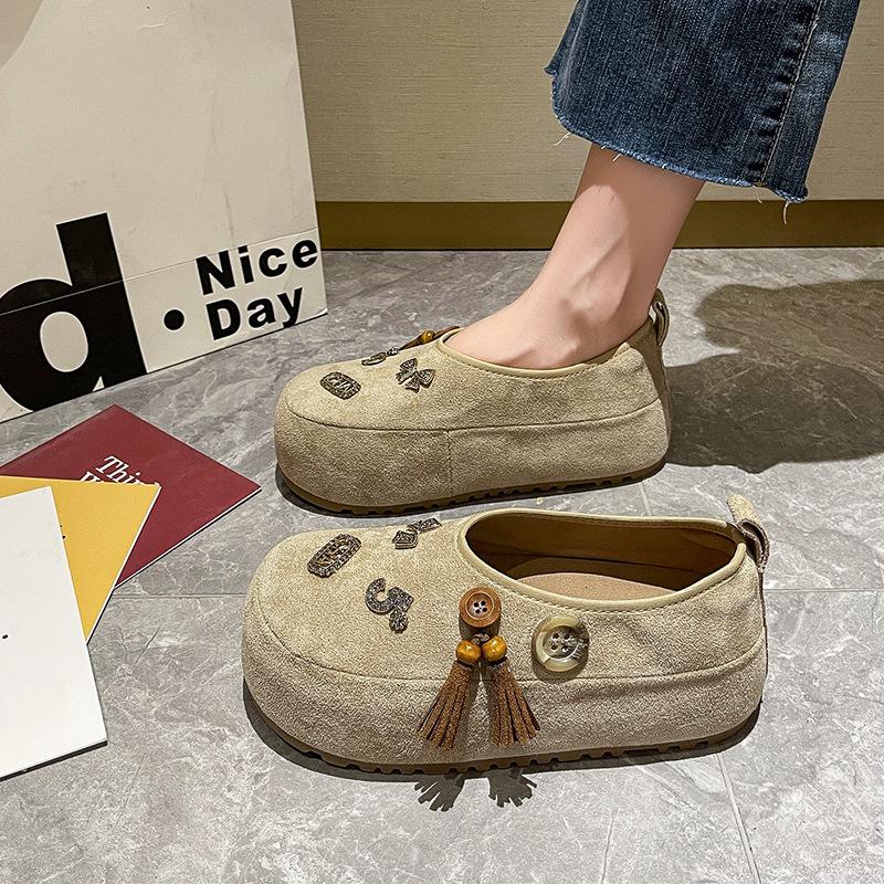 Women's Autumn Fringed Metal Inner Height-increasing Single Shoes with One Pedal and Big Head Women's Shoes