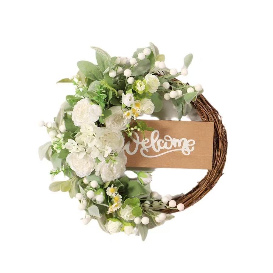 Welcome Rattan Wreath: Home Decor Plant Ornament for Door or Wall Hanging