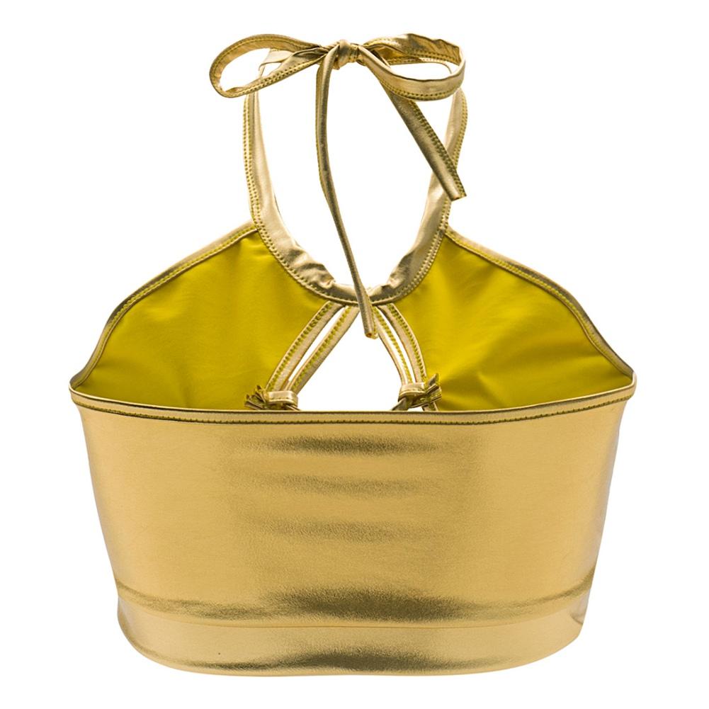 Women's Metallic Design Sexy Slim Halter Camisole Illusory Color Glossy Sparkly Chest Hollow Backless Lace Up Cropped Top