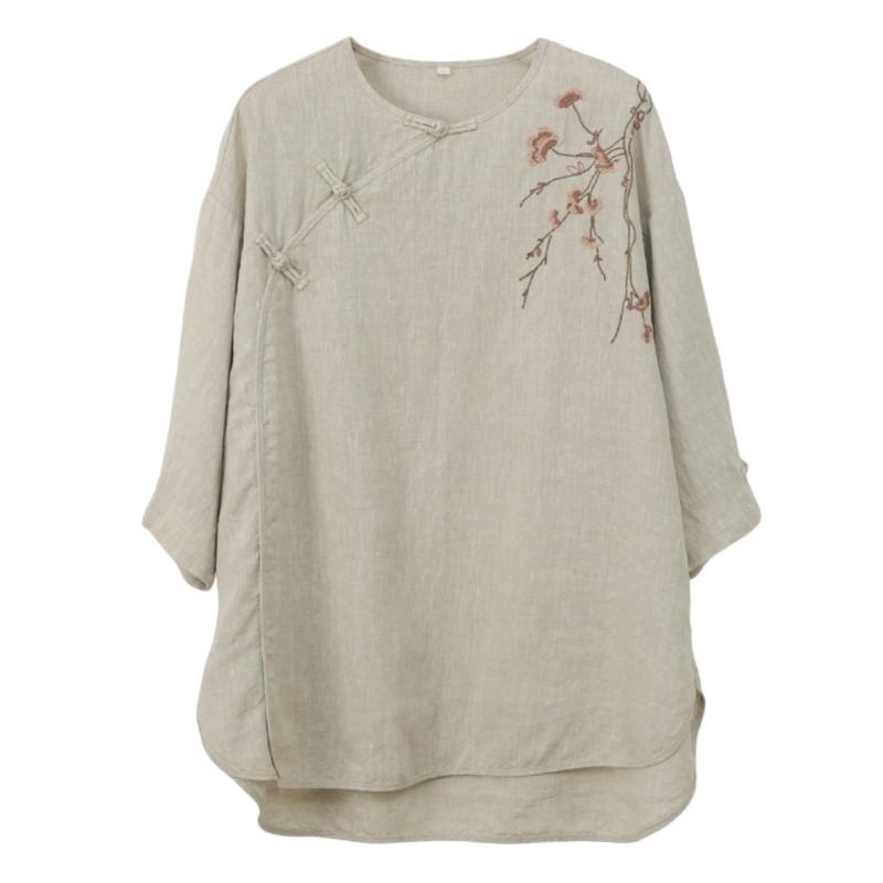 Johnature Женские рубашки с вышивкой, с цветочным узором, с круглым вырезом, топы в китайском стиле, однотонные блузки, летние свободные рубашки
