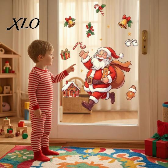 Xmas Theme Window Film Santa Claus Static Cling, Christmas Glass Stickers with Running Santa, Candy Festive Cane & Bell, Reusable PVC Holiday