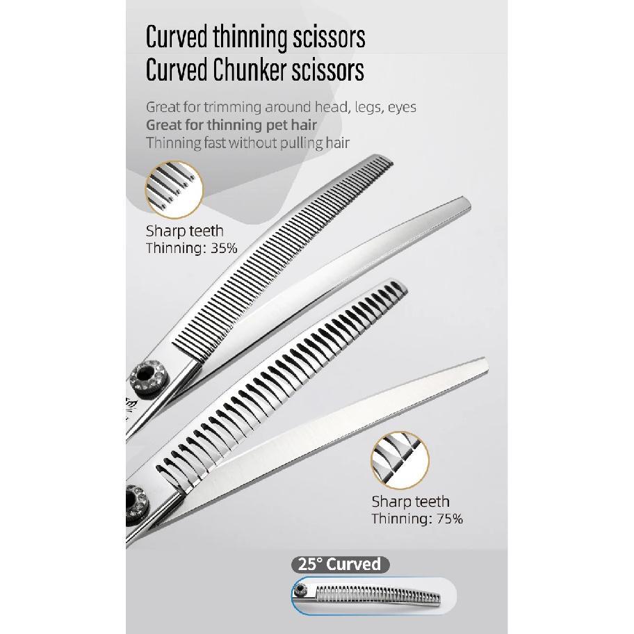 Fenice CIQ Professional 7.0/7.5 Inch JP440C Dog Grooming Scissors Curved Chunker /Thinning Scissors for Dogs Cats and Other Pets