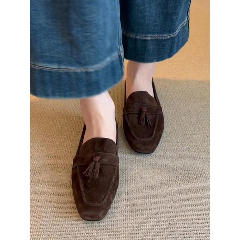 Sheepskin Version~ Genuine Leather Retro Square Head Fringed One-pedal Loafers Women's Commuting Versatile Flat-soled Small Leather Shoes Single Shoes