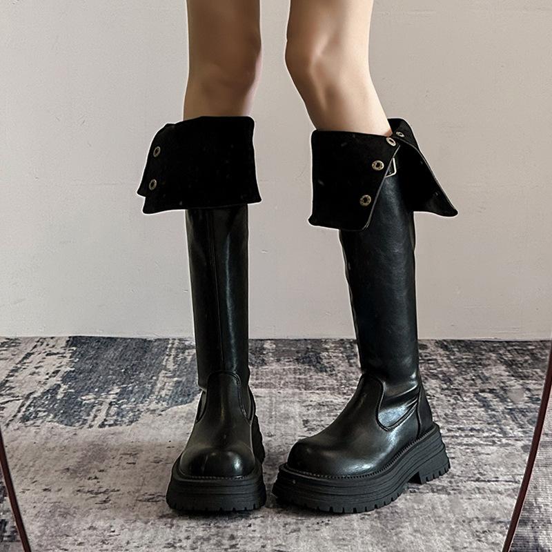 Черные ботинки на толстом каблуке и платформе в ретро-британском стиле, женские, осень-зима 2024 года, новые ботинки, высокие и тонкие рыцарские сапоги