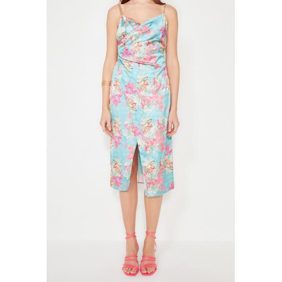 Multi Colored Floral Printed Satin Dress