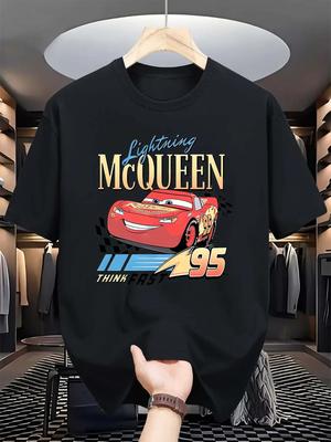 Мужская футболка Disney Car Flash McQueen, повседневная и удобная футболка из чистого хлопка с коротким рукавом для уличной одежды