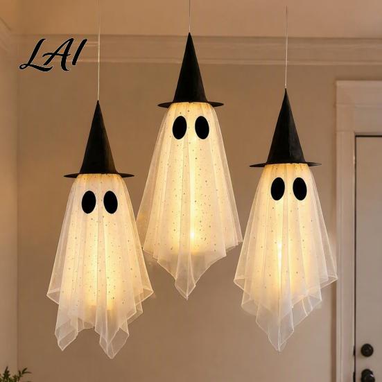 Reusable Fabric Halloween Decor 3 Pcs Hanging Ghost Decoration Spooky Large Mesh Weather Resistant Outdoor Ghosts with Witch Hat for Porch,