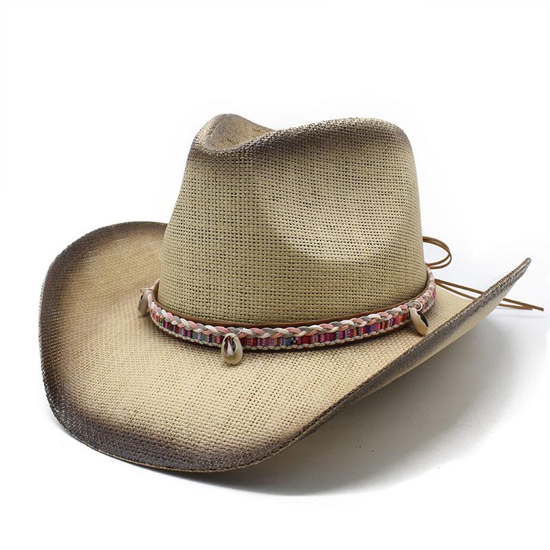 Соломенная шляпа из плетеной джинсовой ткани с широкими полями, летняя соломенная шляпа с полыми полями, этническая соломенная шляпа с закругленными полями и узором в виде ракушки