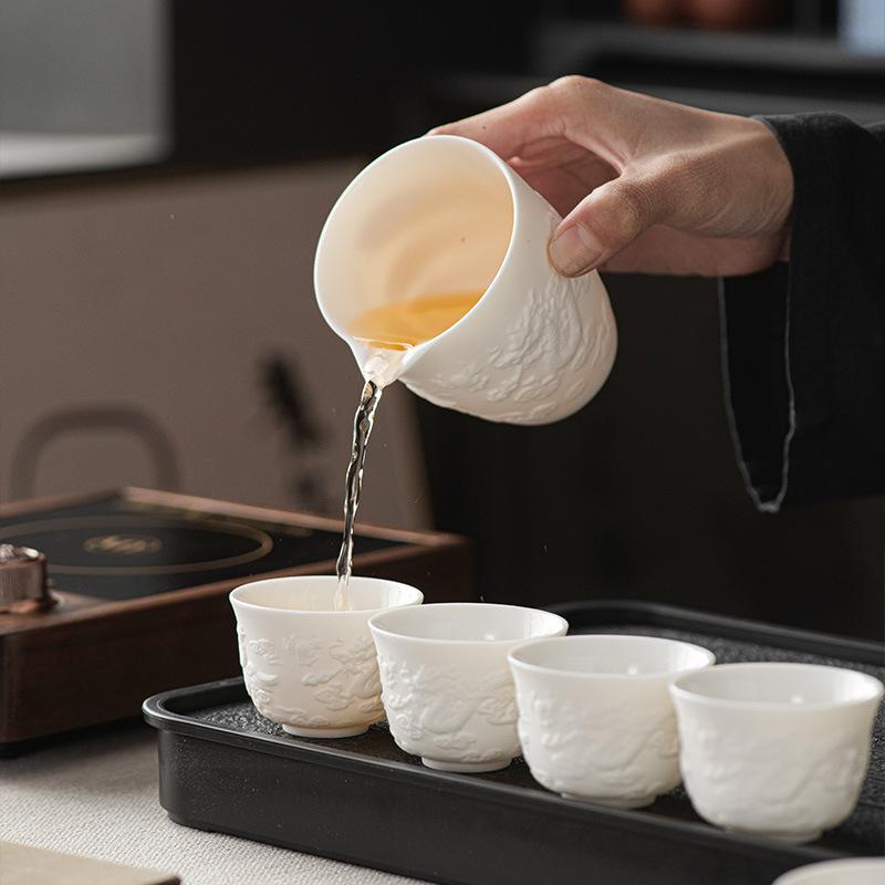 Premium Classic Embossed Kung Fu Set Dehua Suet Jade White Porcelain Household Souvenir Set Light Luxury High-end Gift Box