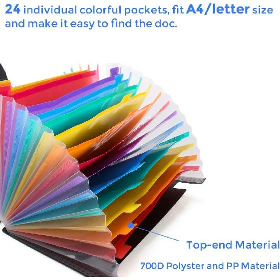 12/24Pockets Expanding File Folder A4 Size Filing Folder Organizer Large Capacity Portable Accordian File Box For Classroom Offi