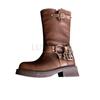 Мода Платформа Ботинки Combat Молния Chuny Heel Пряжка Винтаж Мода Повседневный Роскошь Дизайнер Western Mid Calf Boots Обувь Женщина