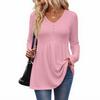Women's Casual Fashion V-Neck Button Solid Color Long Sleeve Top