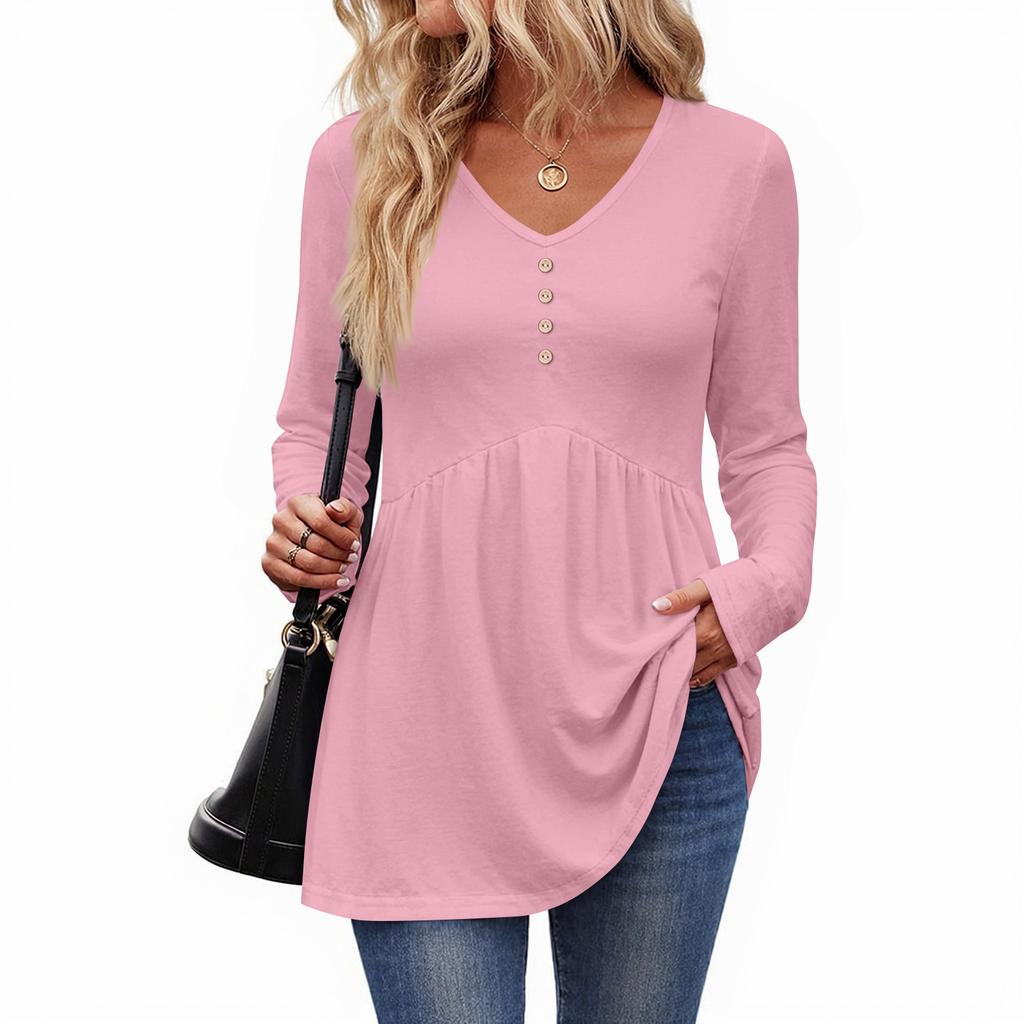 Women's Casual Fashion V-Neck Button Solid Color Long Sleeve Top