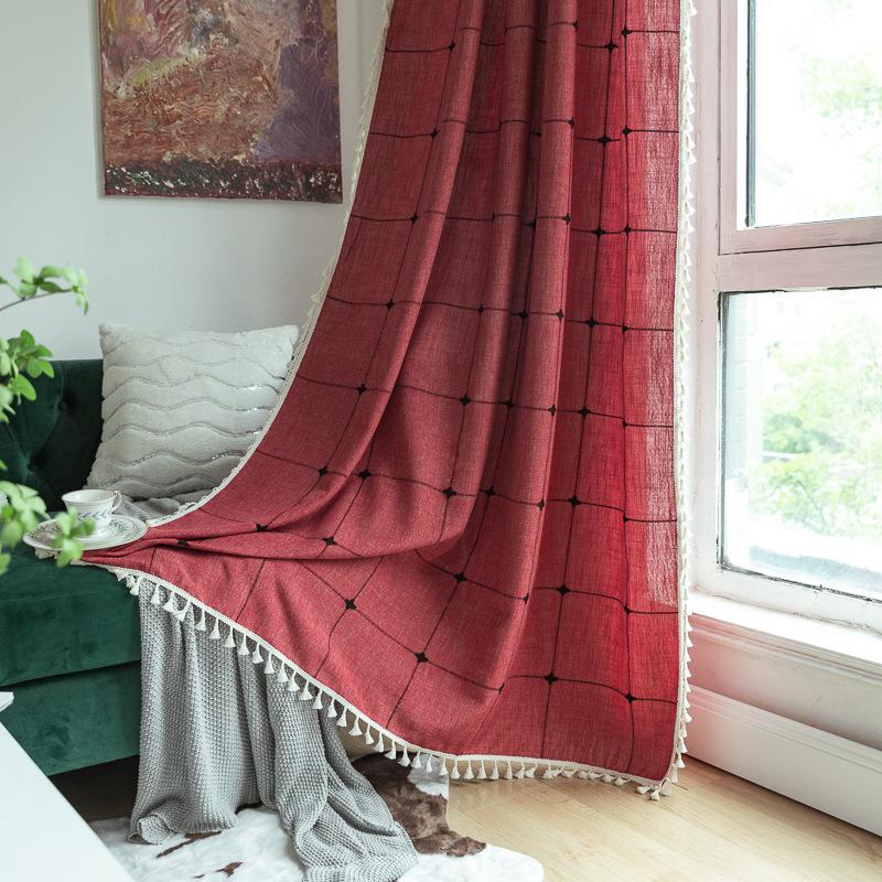 Серые Готовые Шторы Вышивка Хлопок и Лен Однотонные Клетчатые Кофе Изоляция Гостиная Кухня Комплект Штанга Перегородка Штора