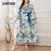 Plus Size Women's Autumn New Fashion Print Temperament Commuter V Neck Swing Mid Length Dress