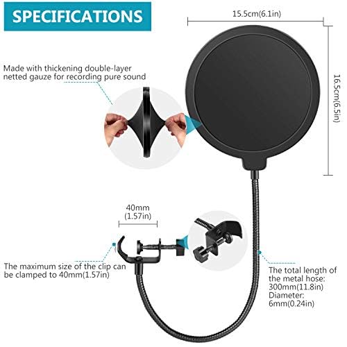 NEEWER Microphone Pop Filter 360° Flexible Arm Screw Clamp Double Layer Noise Prevention Recording Screen Compatible with Blue and Other Microphones