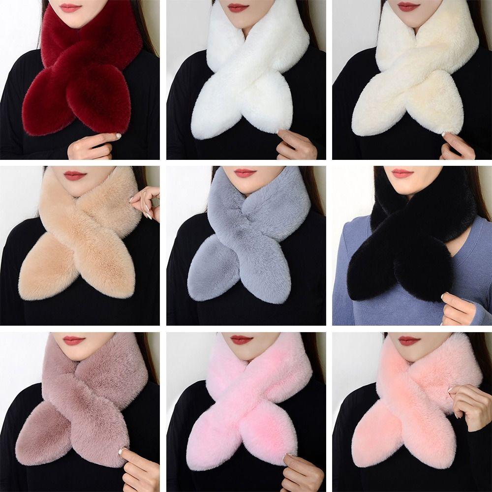Thicken Neck Scarf Faux Rabbit Fur Plush Neckerchief Wrap Cute Cross Scarf Women
