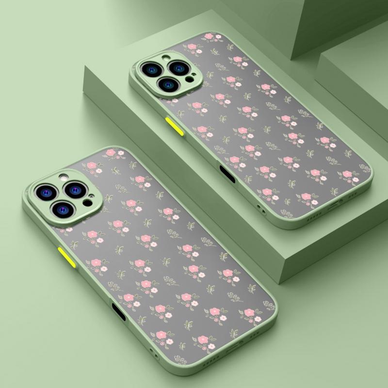 Розовый маленький цветочный узор Жесткий ПК чехол для телефона iPhone 16 15 14 13 12 Pro Max 11 Противоударный мягкий край Прозрачный тонкий матовый чехол Чехол
