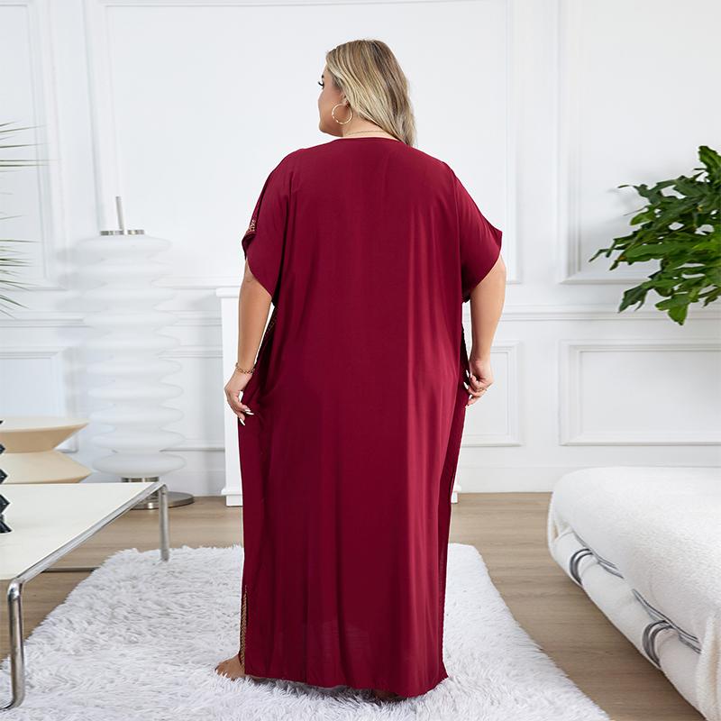 EDOLYNSA 2024 Gold Thread Embroidered Plus Size Casual Vacation Beach Dress Summer Swimsuit Coverup For Women V Neck Bat Sleeve Black Kaftan