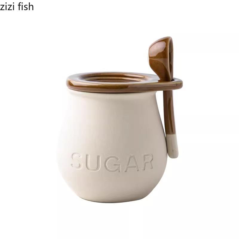 Винтажная керамическая банка для приправ с крышкой, набор ложек, креативная банка для соли, банка для сахара, емкость для свиного жира, кухонные креативные инструменты для приправ