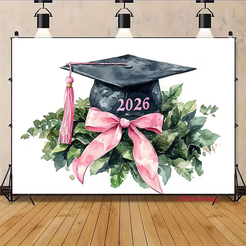 2D Pink & Green Graduation Backdrop, 2026 Watercolor Cap Photo Booth Background