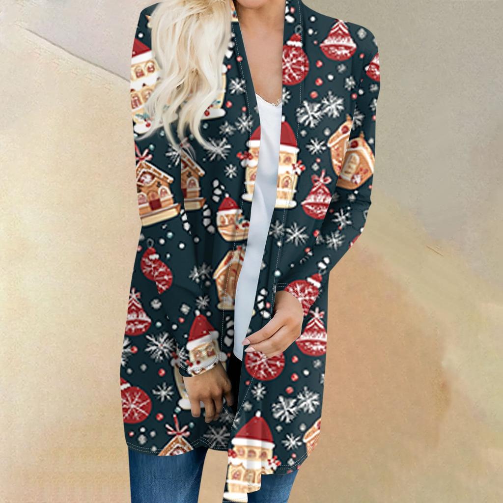 Женский модный и повседневный рождественский принтованный кардиган средней длины с длинными рукавами