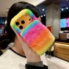 For iPhone 17 Pro Rainbow Fluffy Phone Case Winter Warm Hand Strap TPU Cover