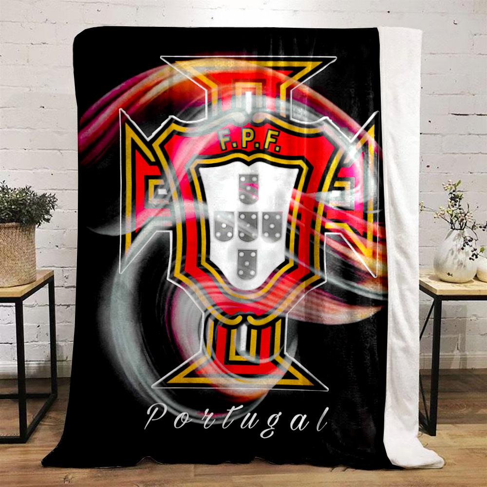 A stylized Portuguese football emblem with dynamic swirls and bold colors. for all seasons blanket lunch break throw gift