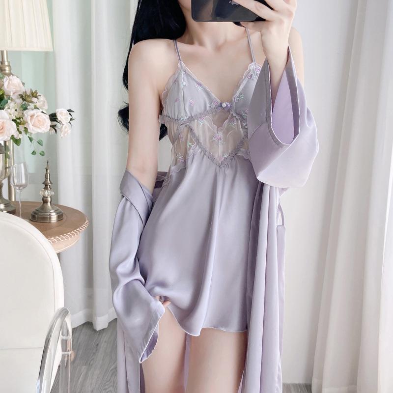 Spring and summer new pure desire style high-end sexy pajamas women's ice silk suspender nightgown with chest pad nightgown loungewear