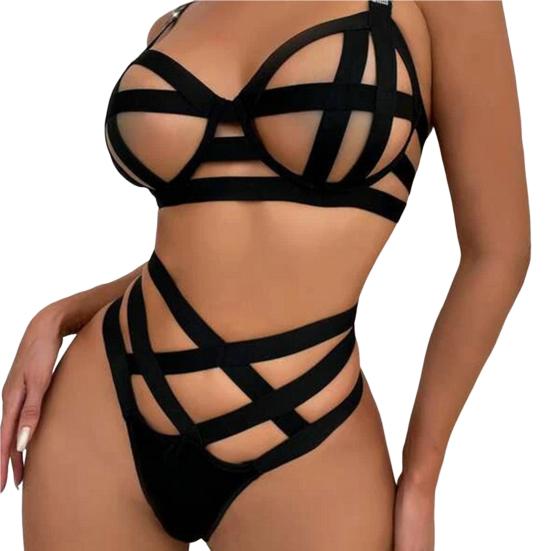 2 Pcs/Set Underwear Set Tempting Hollow Out Bandage Shoulder Straps High Elasticity Nightwear No Pads High Waist Sleeping Bra