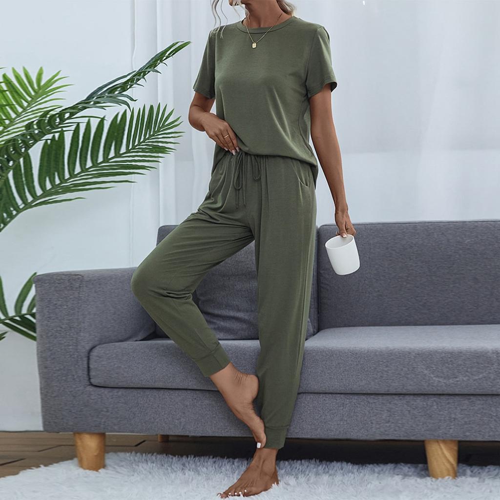 Женский повседневный однотонный топ с круглым вырезом и короткими рукавами, брюки, домашний костюм