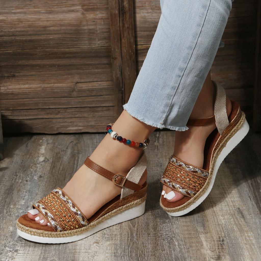 Direct Sales Summer New One-word Strap Weaving Large Size Wedge Heel Platform Women's Sandals
