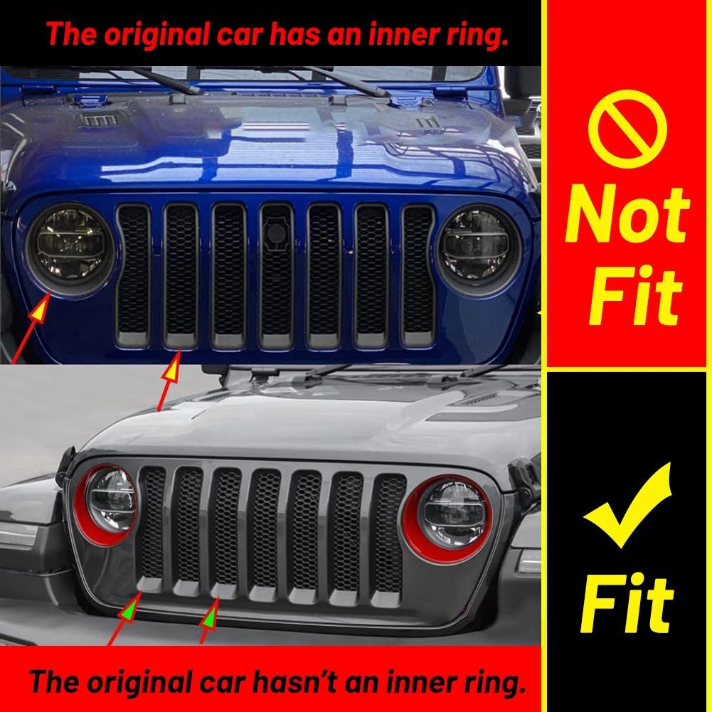 Inserts ABS Front Grill Rings Cover and Front Headlight Circle Kit for Jeep Wrangler JL Gladiator 2018-2019