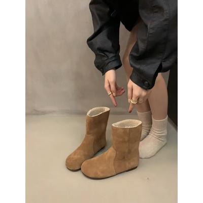 Версия из коровьей кожи~ Ретро круглый носок зимние ботинки женские плюшевые теплые пушистые хлопковые ботинки два варианта носки на плоской подошве короткие ботинки