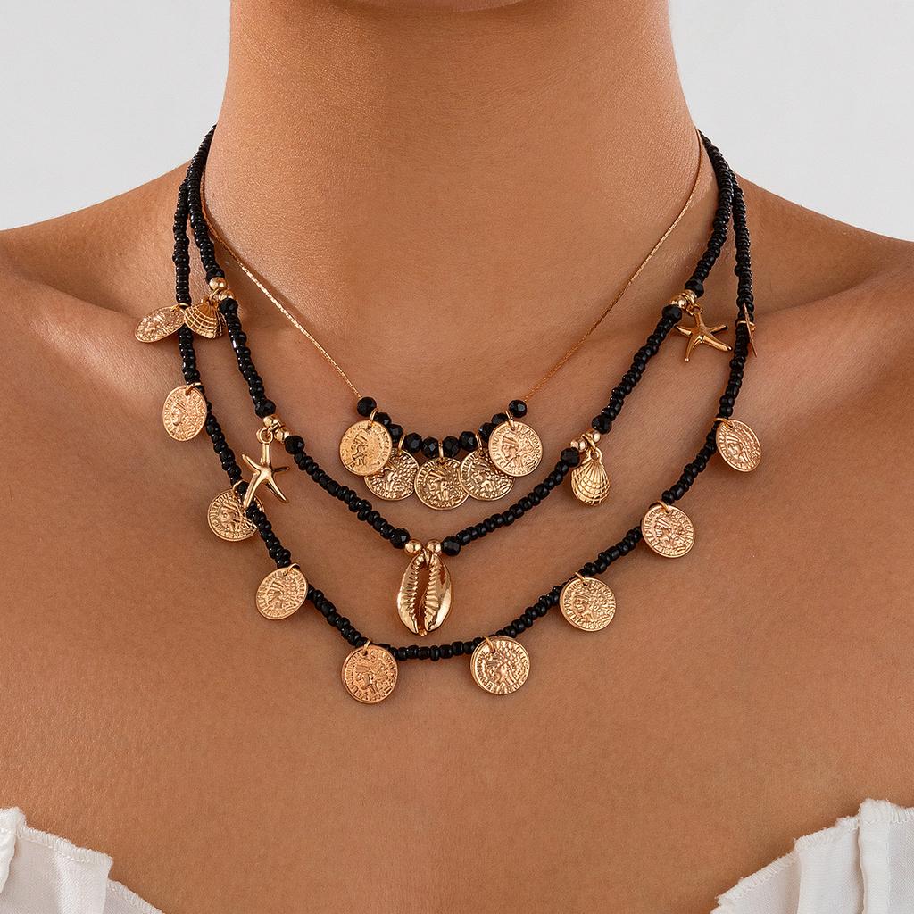 Literary and Retro-style Portrait, Coin Necklace, Unique Ethnic and Exotic Multi-layer Rice Bead Necklace