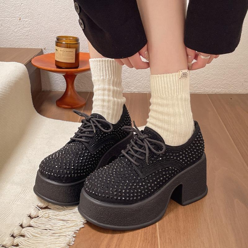 2024 Новый стиль Модные туфли на платформе Высокие весенние черные женские туфлиКроссовки на платформе Tide Shine Bling Rhinestone Shoes