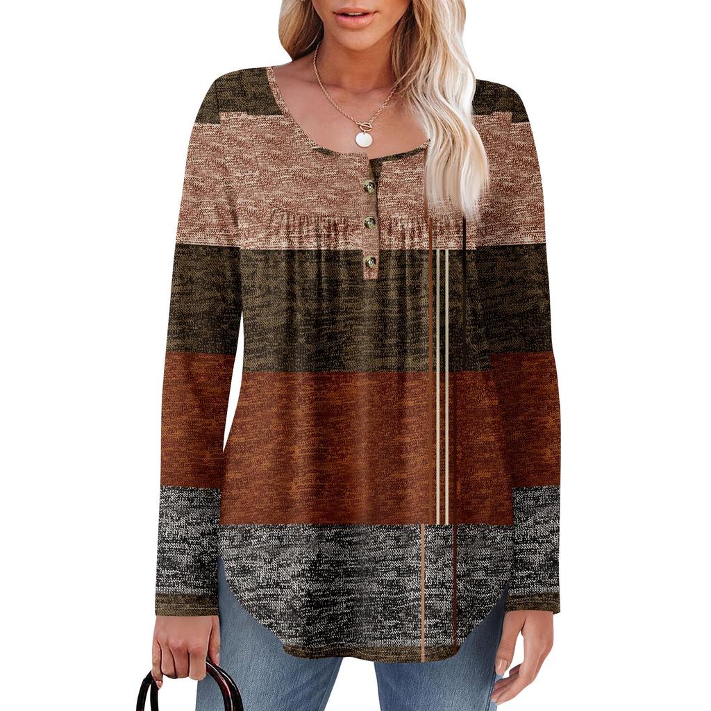 Женская туника с длинным рукавом, свободные топы, повседневные топы оверсайз, плиссированная туника, застегивающаяся на пуговицы, повседневные женские топы с принтом