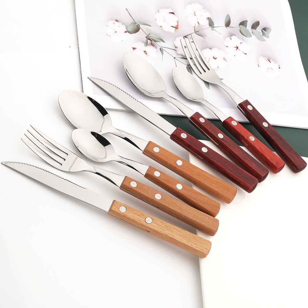 6/10Pcs Flatware Set Natural Wood Handle Steak Knives Cutlery Stainless Steel Dinner Knife Dinnerware Kitchen Silverware Set