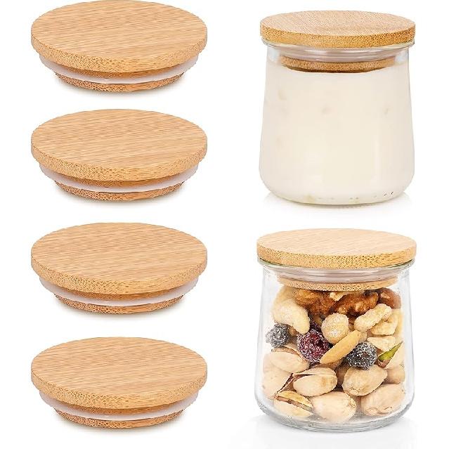 Oui Yogurt Jar Lids, Oui Yogurt Bamboo Jar Lids Set, Wooden Lids for Oui Yogurt Jars, Oui Yogurt Jars Lids with Silicone Sealing Rings, Cookie Glass