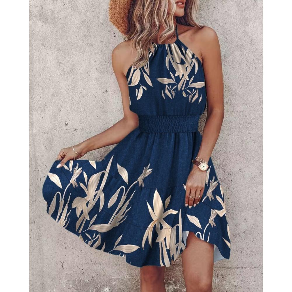 Летнее модное сексуальное женское платье с открытыми плечами и вырезом на шее, женская юбка-миди с принтом