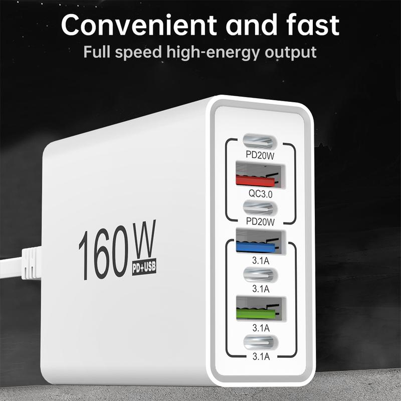 7 in 1 160W Charging Station USB Charger Power Strip PD/Type-C Ports Charger Adapter For Xiaomi 17 15 iPhone Samsung USB-C EU/US