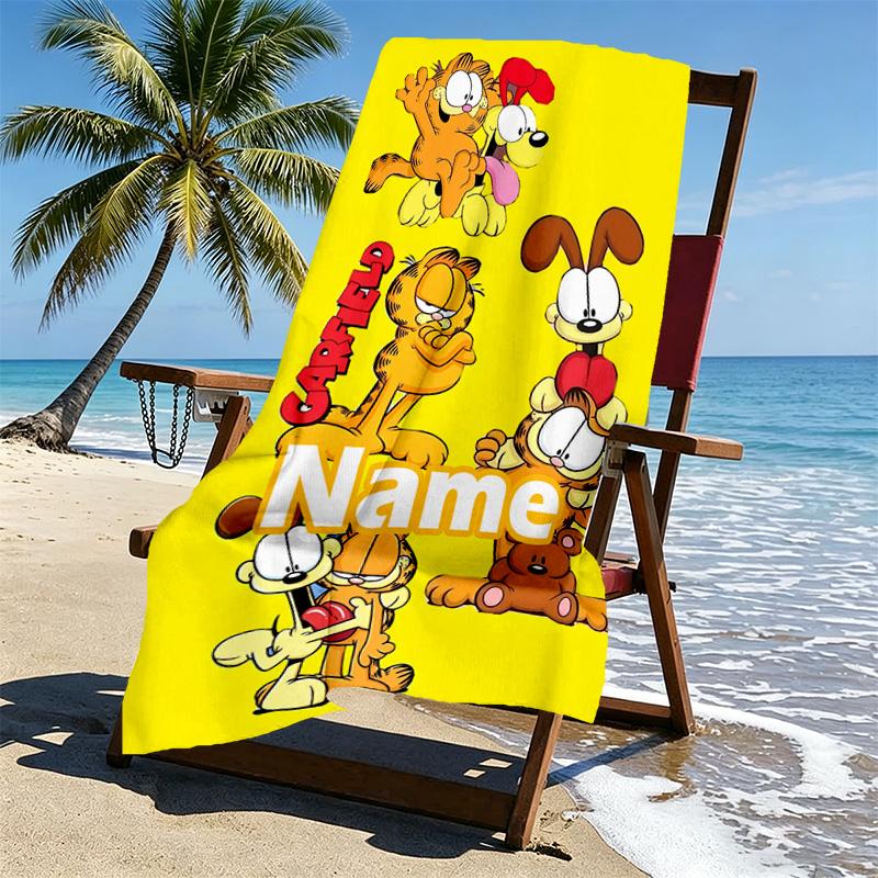 Custom Name Personalized Garfield Print Beach Towel, for Trip Camping Beach Party Home Decor, Birthday Gift for Family & Friends